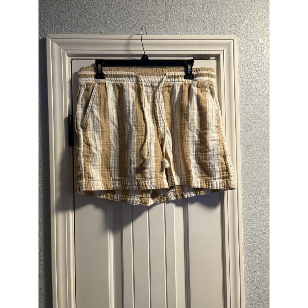 Old Navy Shorts Womens Medium Tan White Striped Cotton Gauze Drawstring Casual